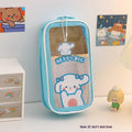 Transparent cartoon pencil case showing interior storage space with zippered closure