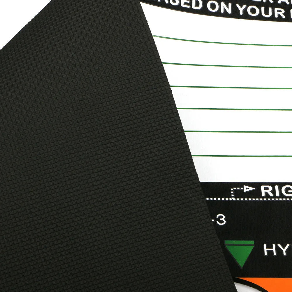 Black neoprene golf swing posture correction mat with directional alignment markings