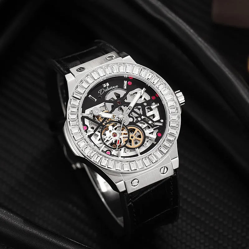 Automatic men's watch with diamond studded hollow dial and stainless steel case in business style