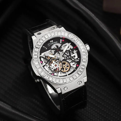 Automatic men's watch with diamond studded hollow dial and stainless steel case in business style