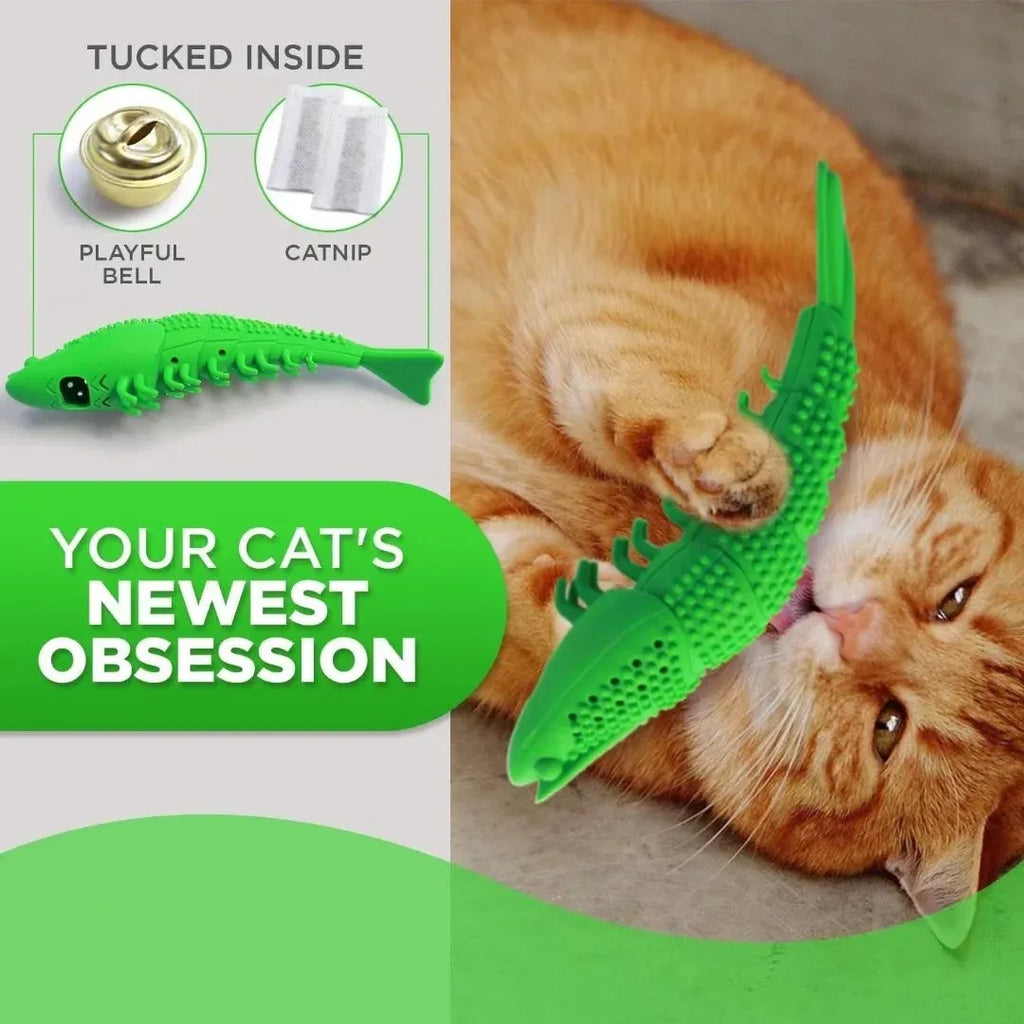 Blue hard rubber catnip toy with teeth cleaning texture and bell for interactive feline dental play
