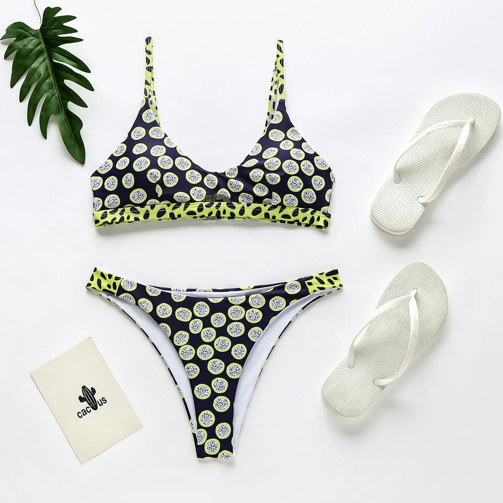 Women's bikini swimwear set in polyester fabric with choice of dots or stripes patterns
