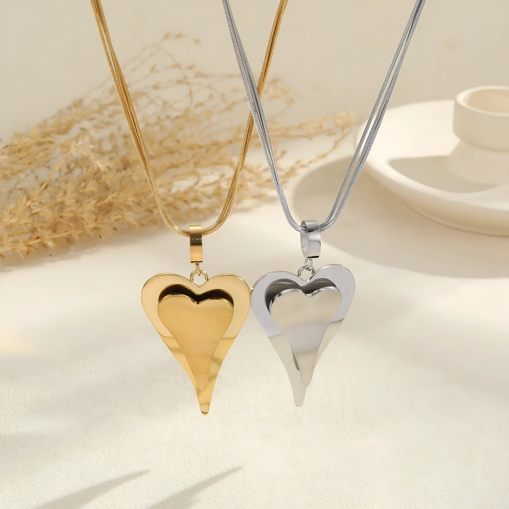 Double heart snake bones geometric pendant necklace in stainless steel with gold or steel finish