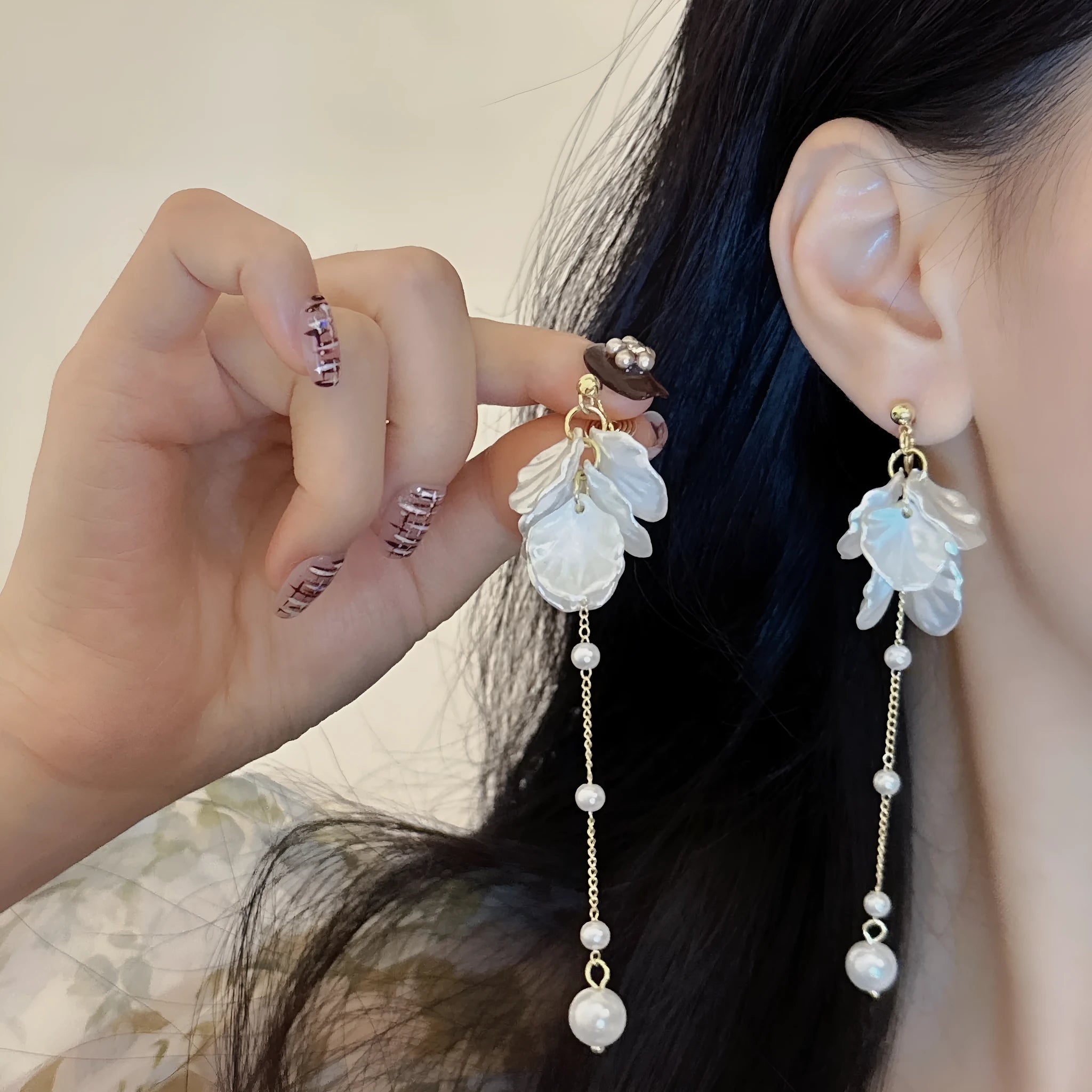 Women's acrylic shell pearl tassel earrings with choice of ear clip types