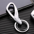 Zinc alloy car key chain with double rings, measuring 8.3x3.5cm in black, chrome, and nickel colours