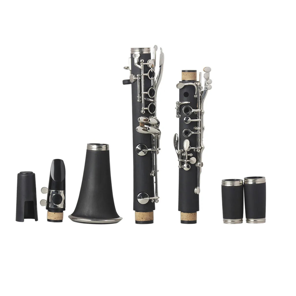 Black Bakelite clarinet with nickel-plated keys and a carrying bag for beginner students.
