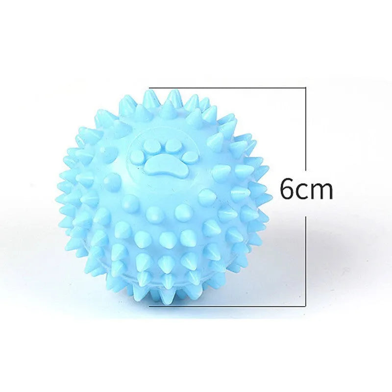 Blue TPR dog chewing toy footprint ball for tooth cleaning, 6cm diameter.