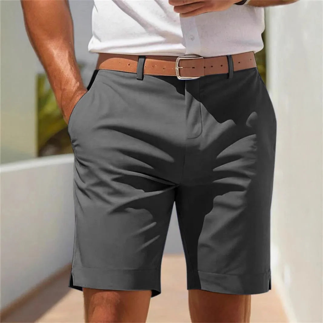 Men's light grey business suit shorts with straight-leg cut on a hanger.
