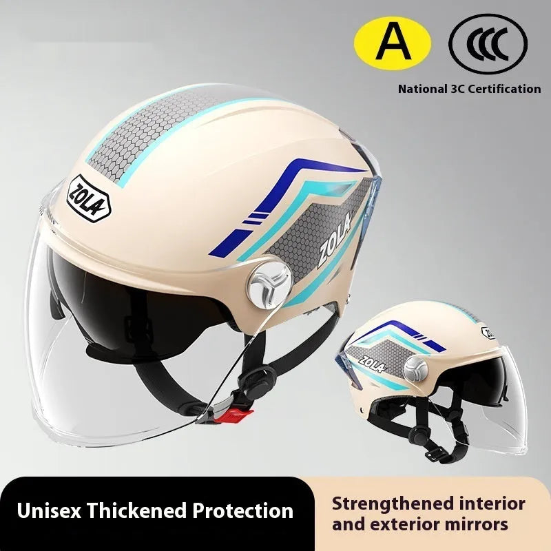 3C certified motorcycle half helmet with battery sun visor in light brown double mirror finish