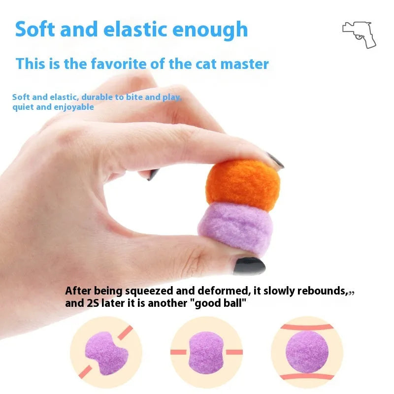Interactive pet toy gun with plush balls for dogs and cats, showing launcher with 30cm barrel and multiple soft balls