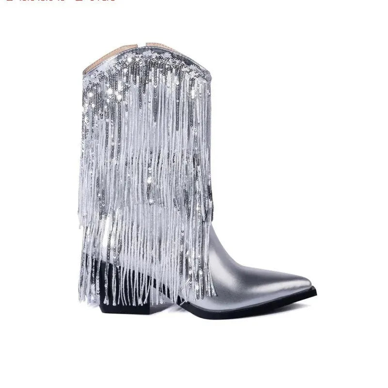 Women's black chunky heel tassel boots with super high stiletto heel