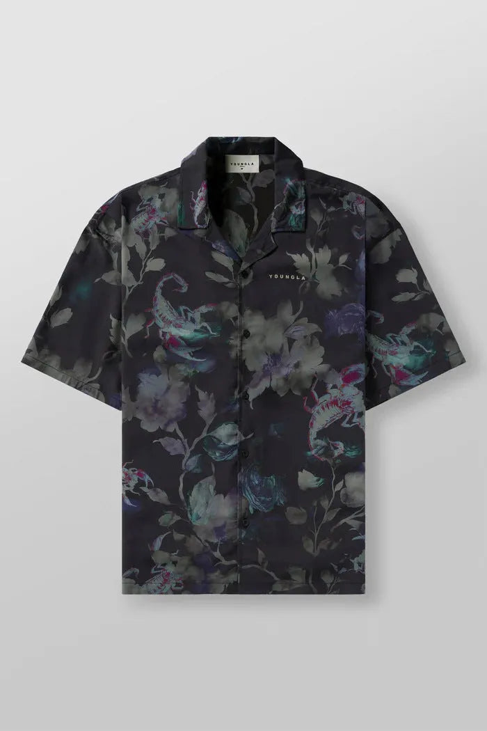Men's loose fitting short sleeve top with floral print pattern in lightweight polyester fabric