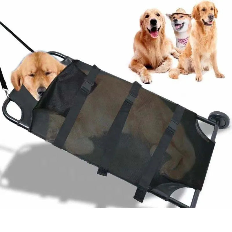 Large black aluminium alloy foldable pet stretcher unfolded on the ground for dog emergency transport.