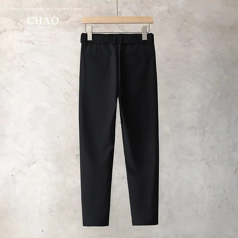 Boys slim straight wool trousers in business casual style with tapered fit and matching belt