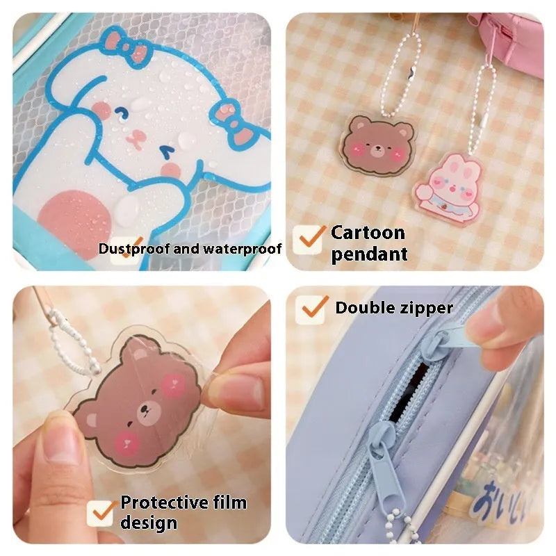 Transparent cartoon pencil case showing interior storage space with zippered closure