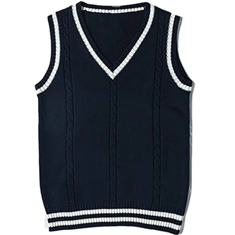 Women's slim-fit V-neck knitted waistcoat with striped stitching in acrylic fibre
