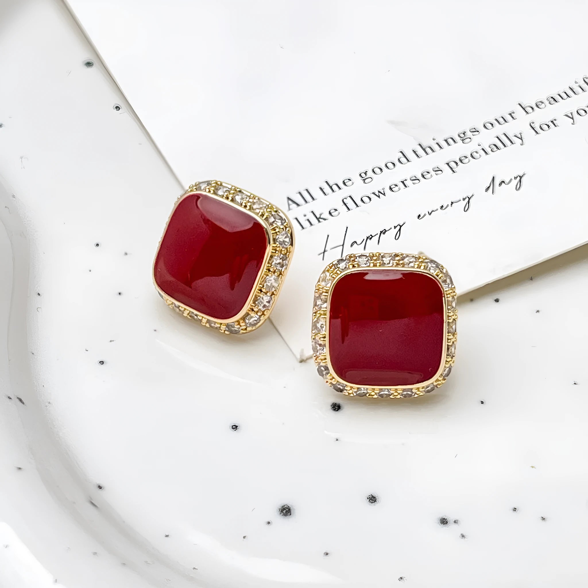Retro red square geometric alloy earrings with inlaid design and sweet-cool style