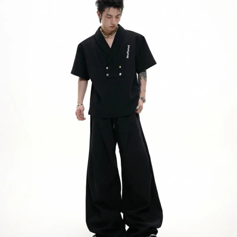 Men's dark gray V-neck cotton sports suit with metal embellishments on t-shirt and matching shorts