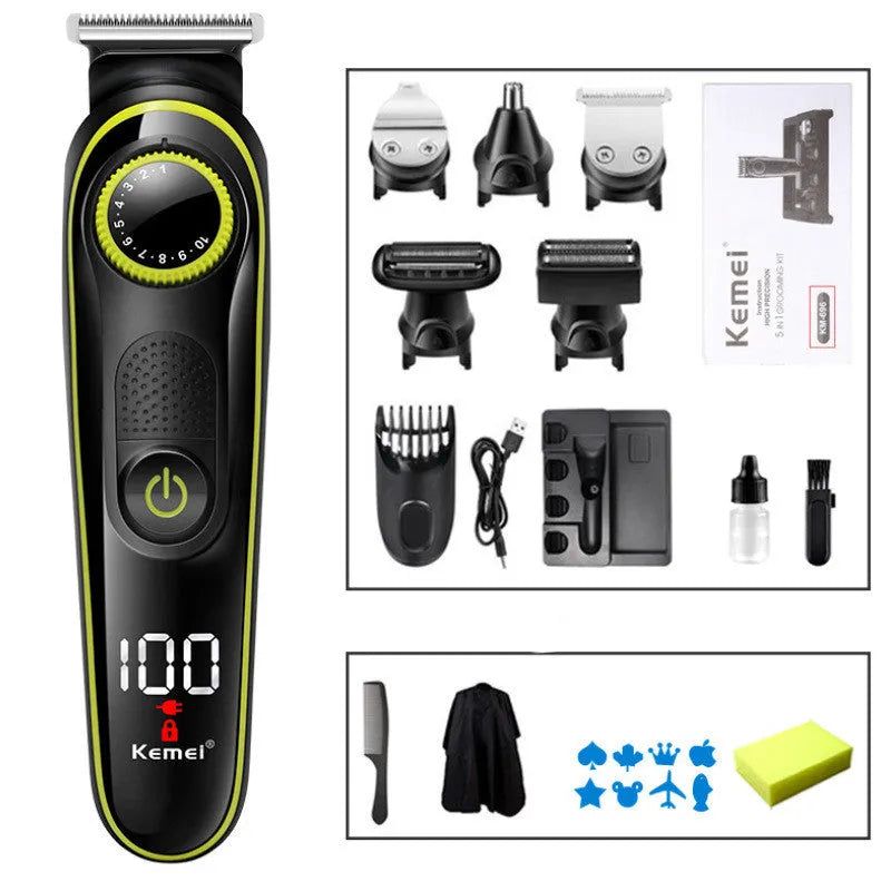 Black KM-696 rechargeable electric hair clipper set with stainless steel blade and cleaning brush.