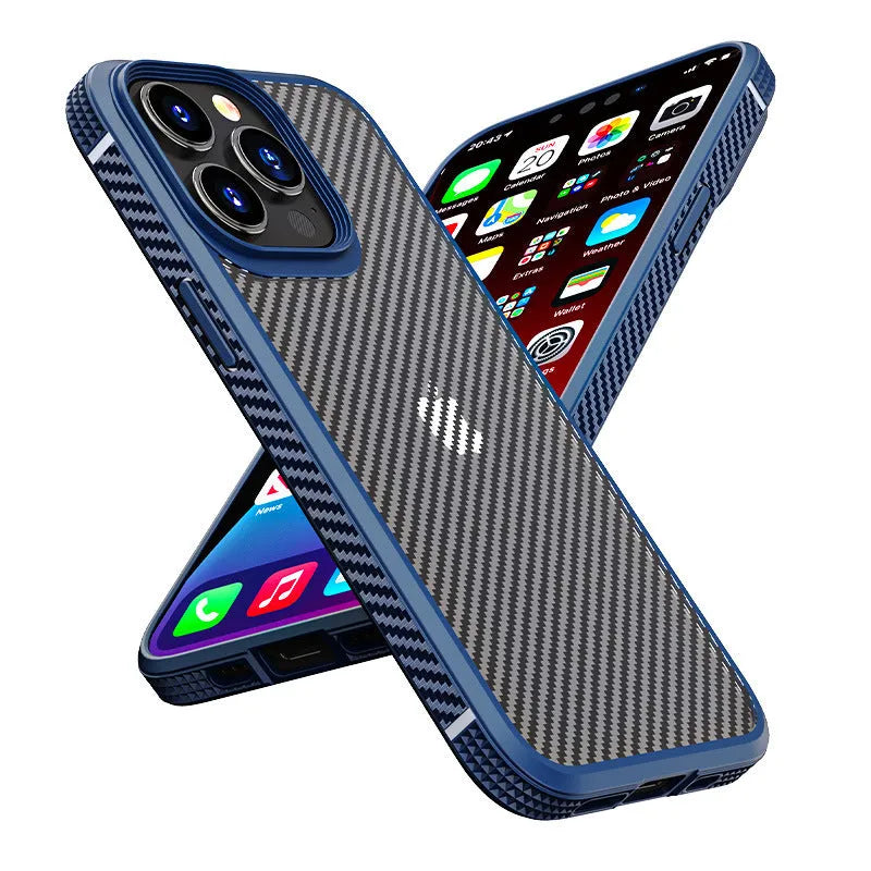 Black anti-fall protective phone case for Apple iPhone 13 models with a carbon fibre pattern.