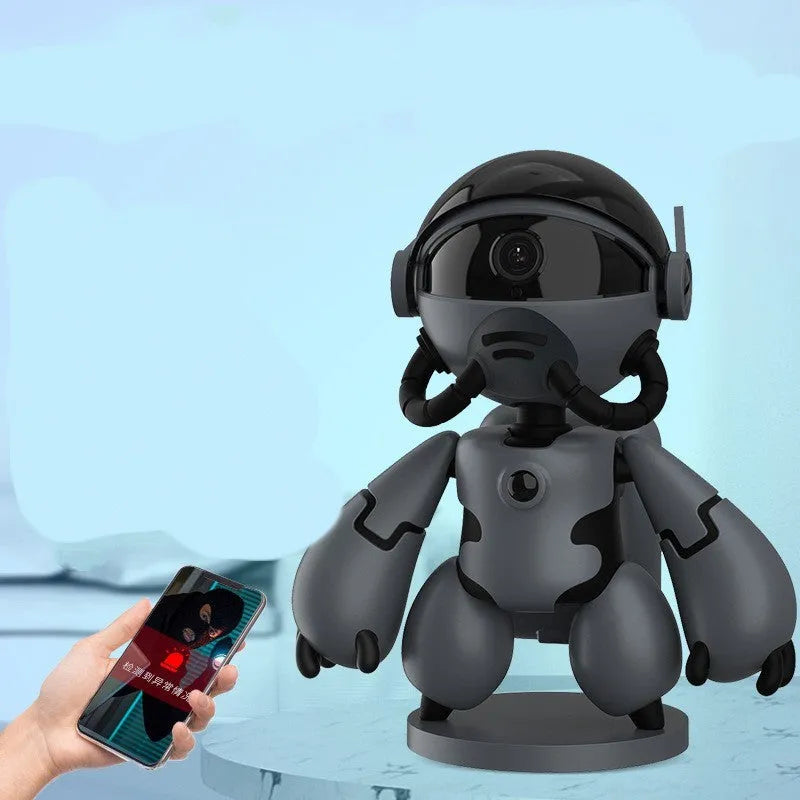 White Space Robot home security camera on a table with a detachable base, showing a wide-angle lens.