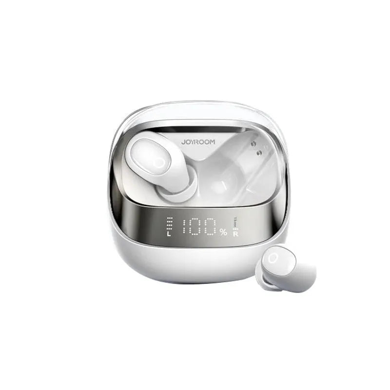Wireless Bluetooth in-ear headphones with a charging case in dawn white colour.
