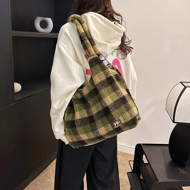 Women's soft plush plaid shoulder crossbody tote bag with large capacity