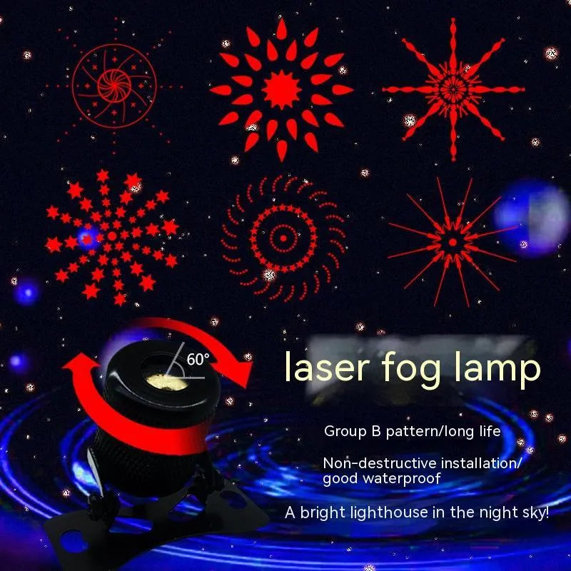 Compact aluminium laser fog lamp with red lens and adjustable bracket for car or motorcycle.