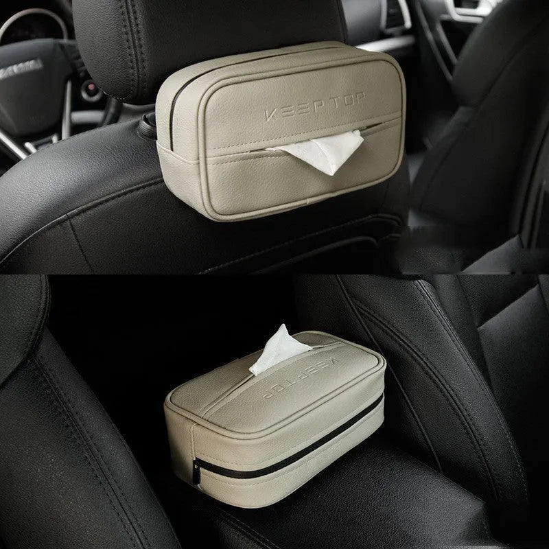 Black PU leather hanging storage box with dimensions for car organisation.