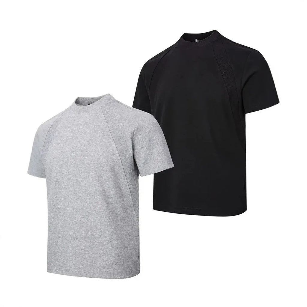 Men's black short sleeve top with air layer stitching detail, loose fit design