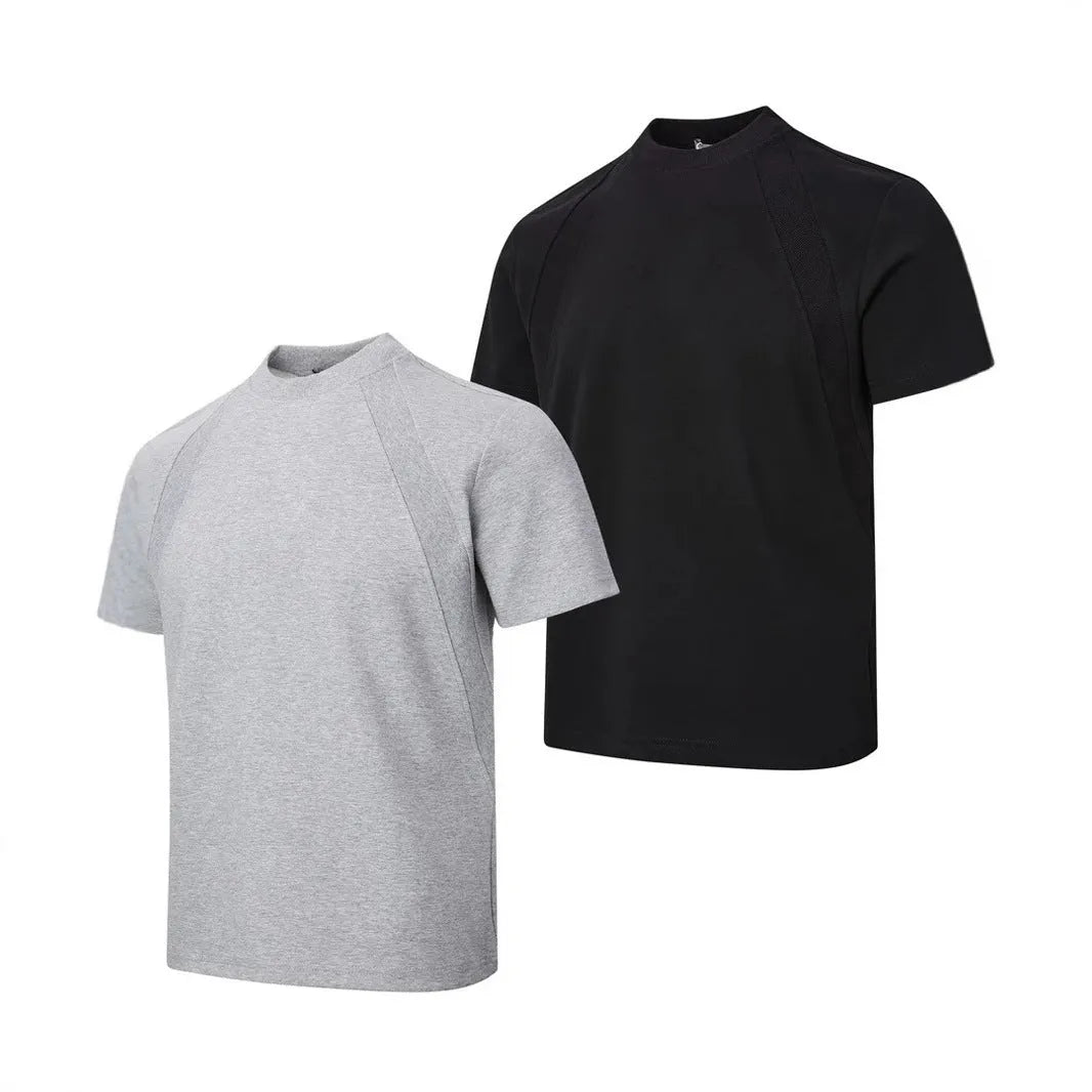 Men's black short sleeve top with air layer stitching detail, loose fit design