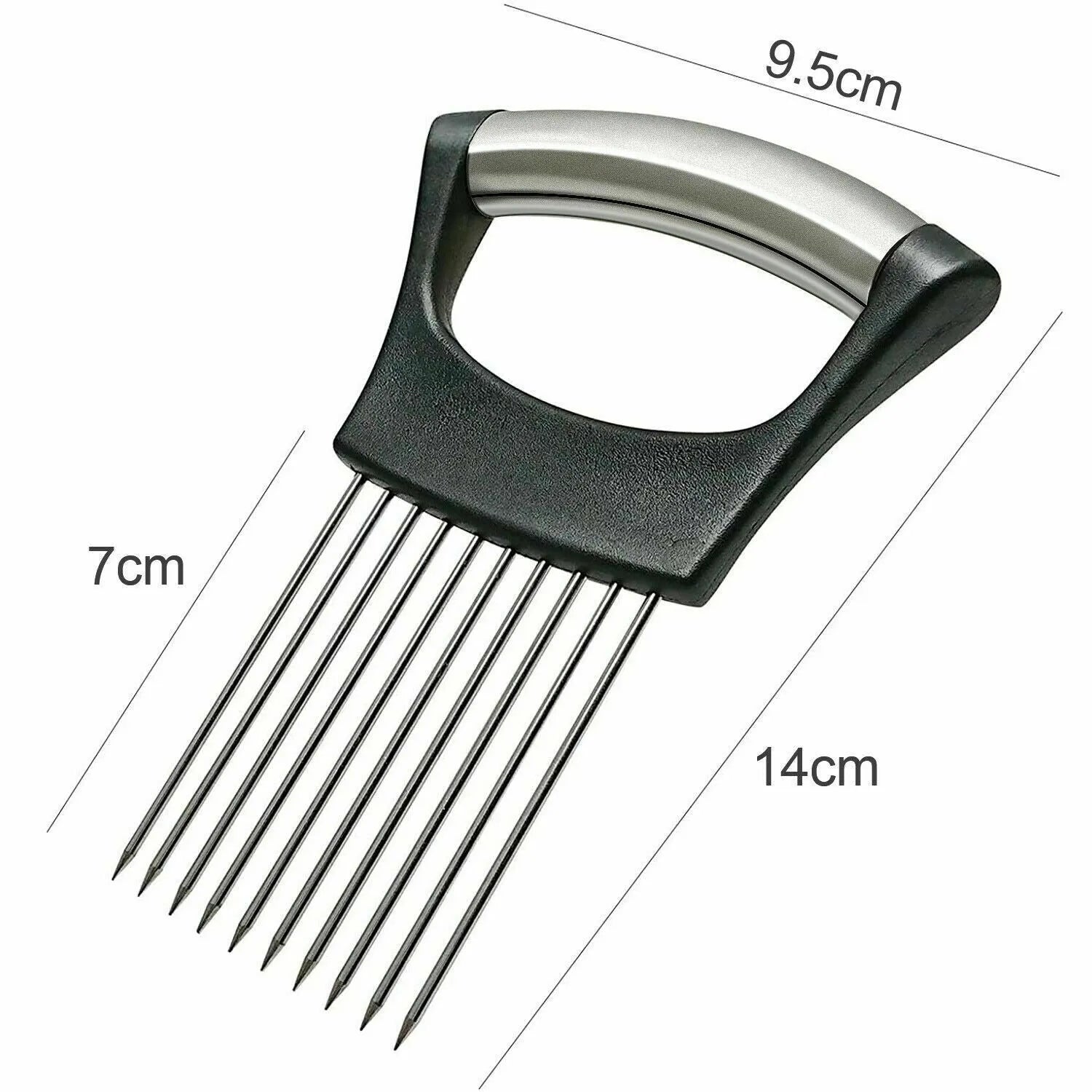 Stainless steel onion holder slicer with ABS handle on a kitchen worktop