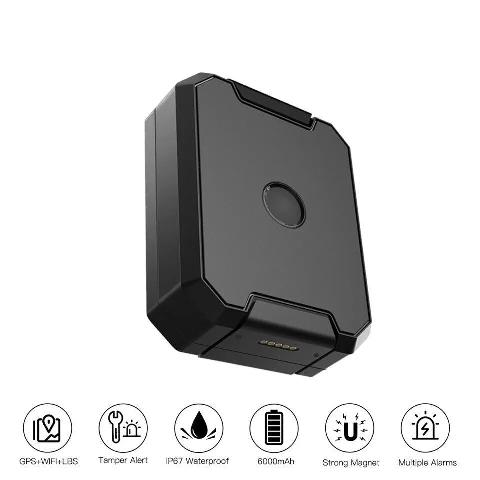 Black GPS car locator device with 6000mAh battery for long standby life.