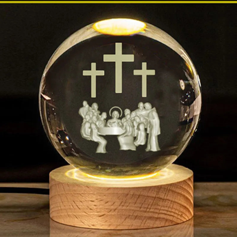 White crystal lamp with 6cm diameter orb on solid wood warm light base showing religious ornamentation