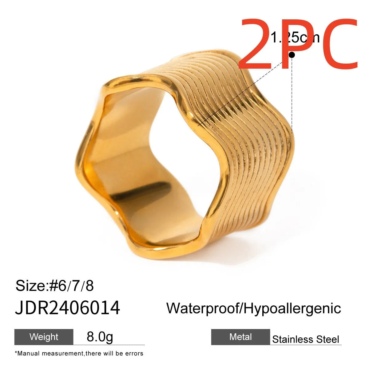 A women's stainless steel ring with a wide, sculptural geometric wave design and an electroplated silver-toned finish.
