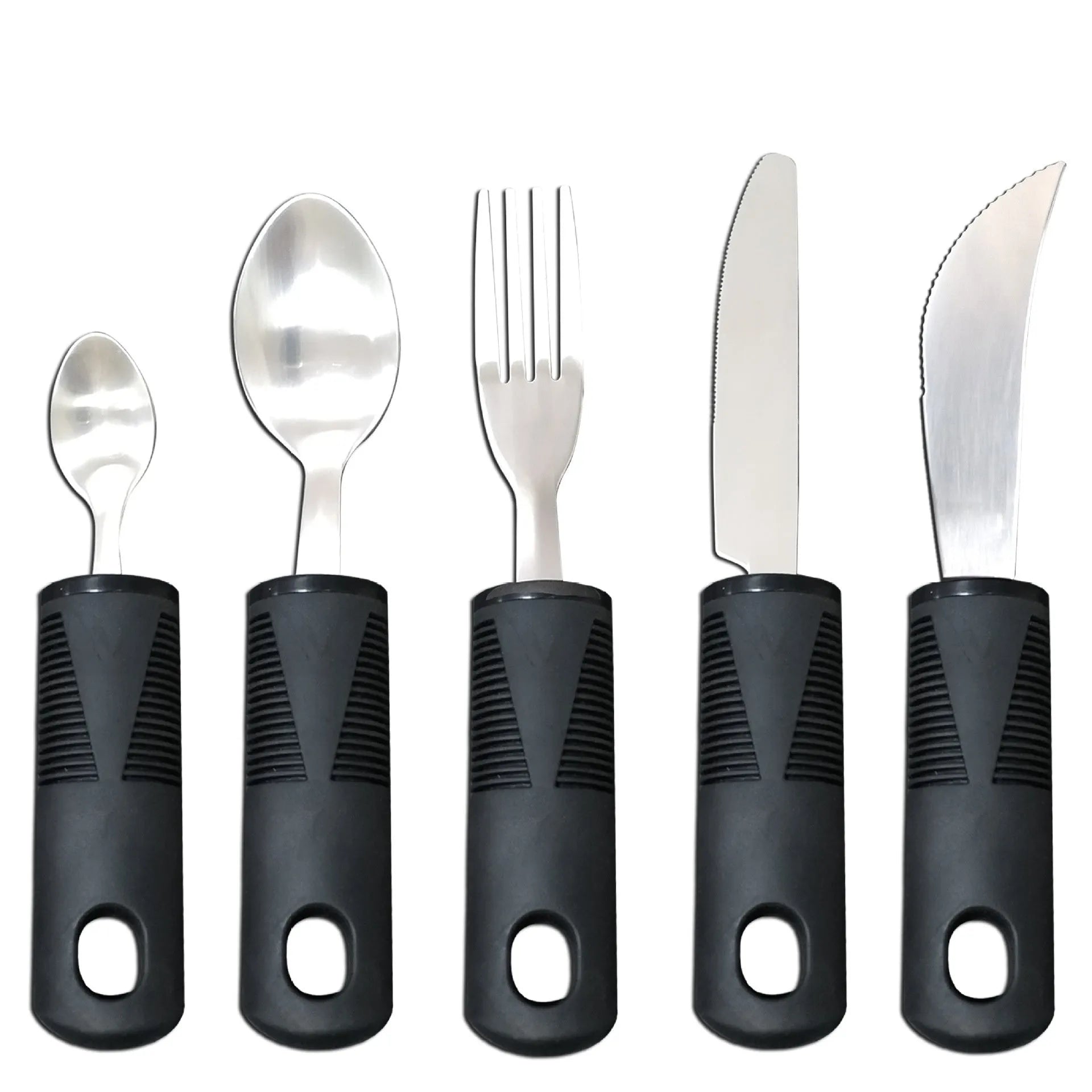 Stainless steel adaptive spoon with black rubber anti-shake handle for elderly food aid.