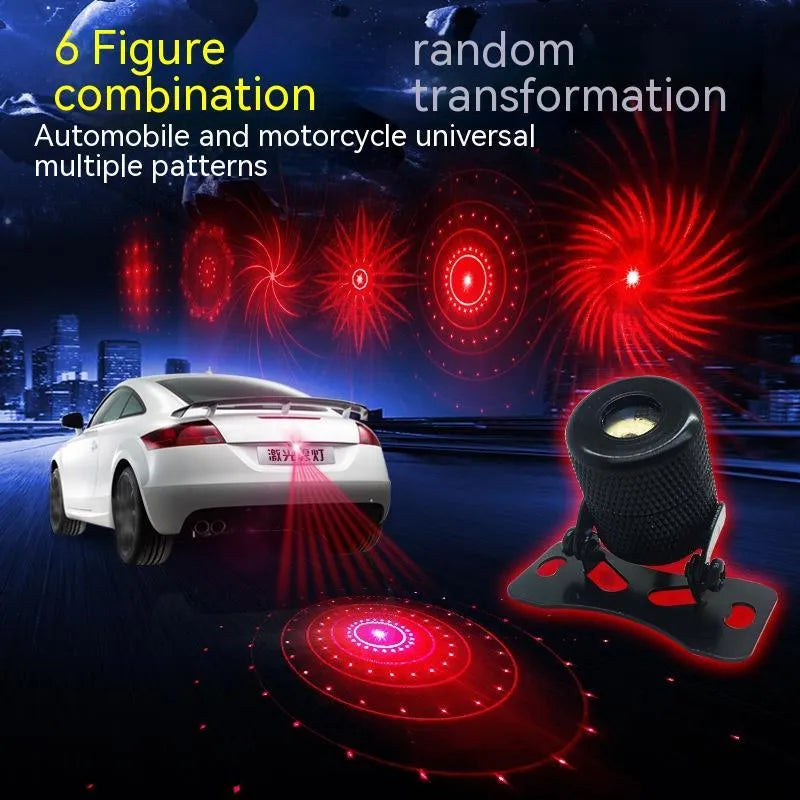 Compact aluminium laser fog lamp with red lens and adjustable bracket for car or motorcycle.