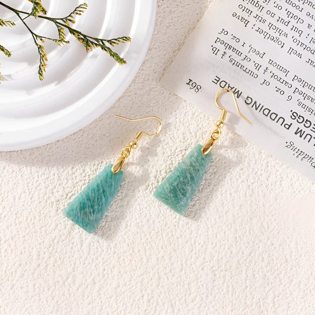 Amazonite rough stone trapezoid earrings in geometric design with gold or silver finish