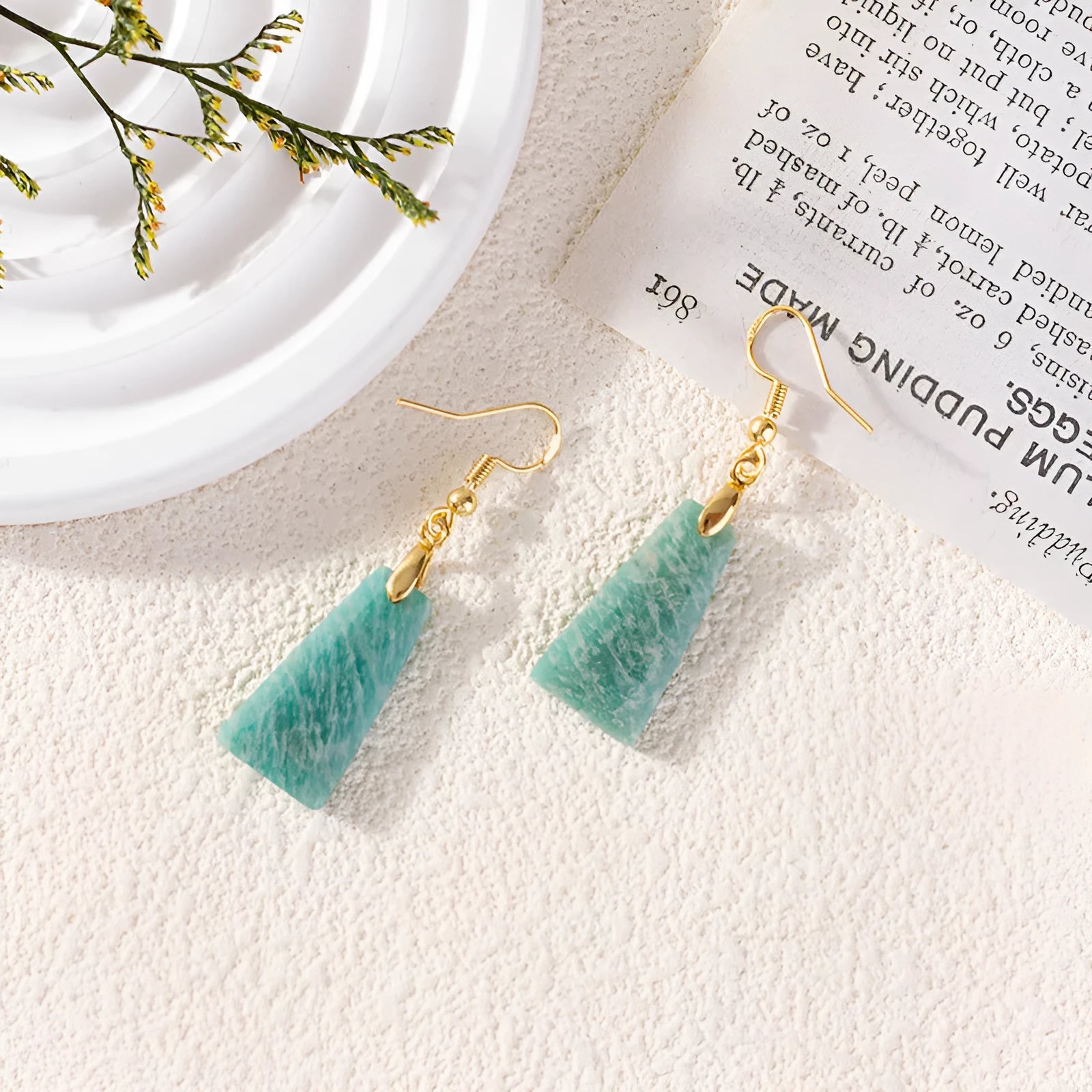 Amazonite rough stone trapezoid earrings in geometric design with gold or silver finish
