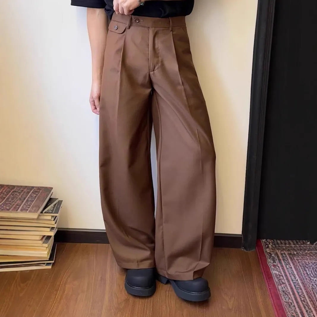Men's brown straight-cut wide-leg casual suit trousers laid flat