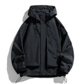Men's black windproof waterproof hooded coat with long sleeves on a mannequin.
