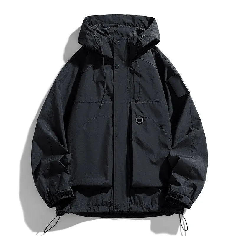 Men's black windproof waterproof hooded coat with long sleeves on a mannequin.