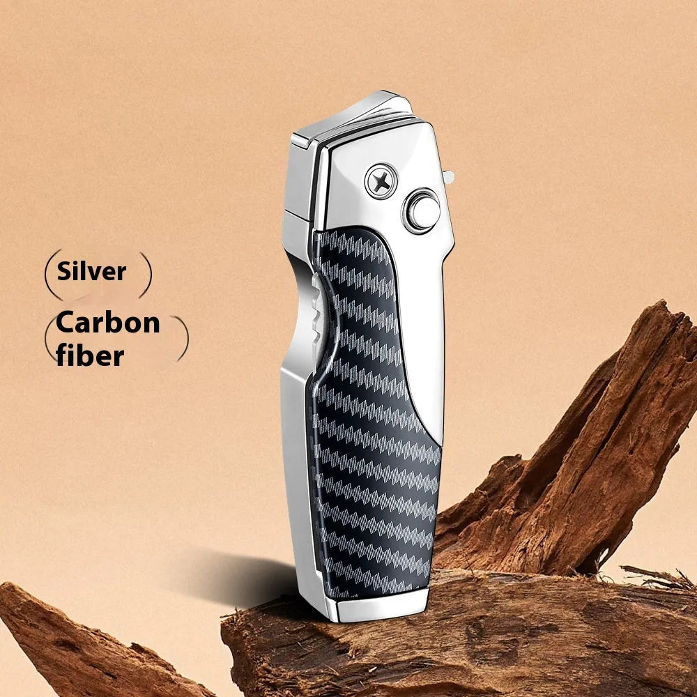 Zinc alloy folding lighter tool with integrated knife in a black wood grain finish.