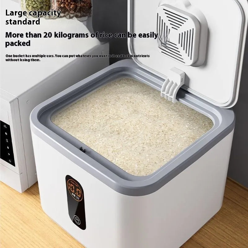 Grey plastic sealed rice storage jar with lid and measuring cup in 10kg 20kg 30kg sizes.