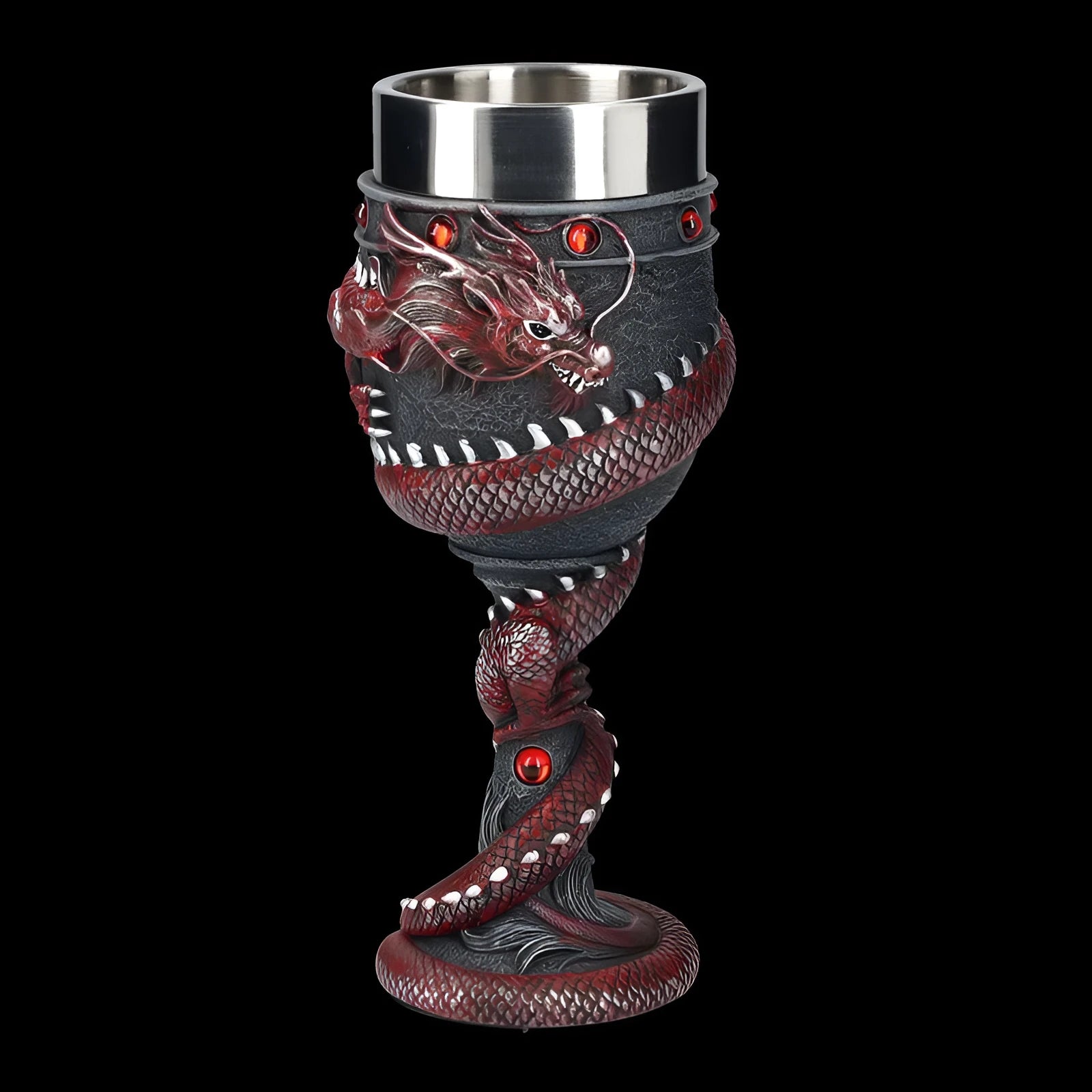 Red wine glass with 3D dragon resin sculpture on stainless steel base in gold or red colour