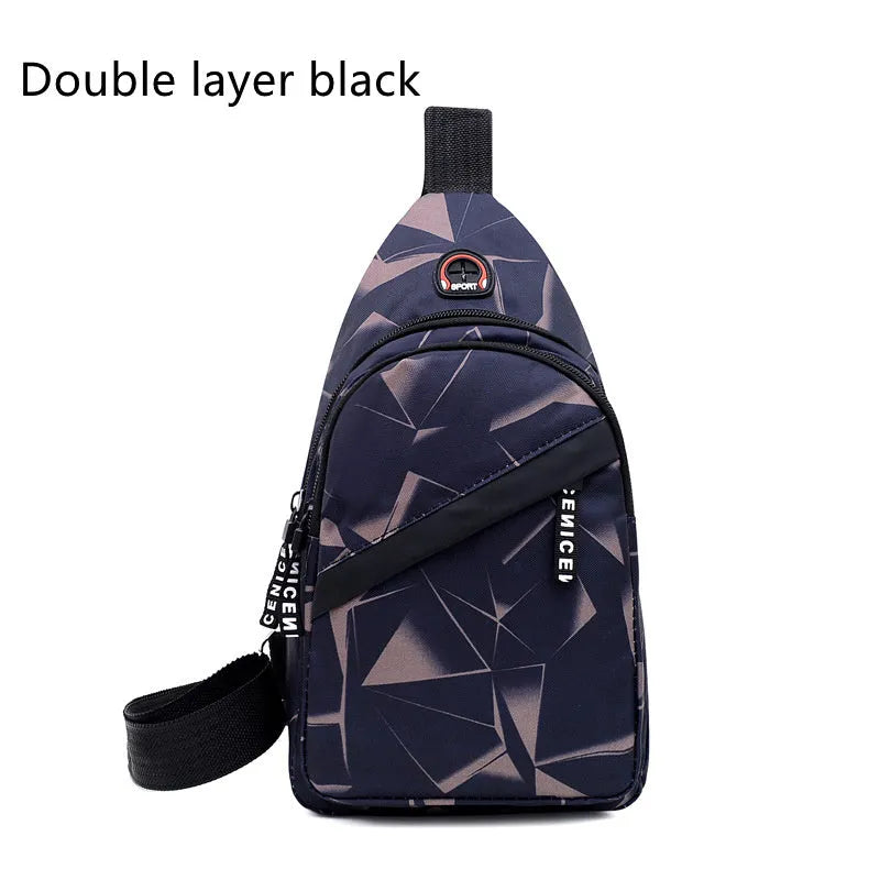 Men's Oxford cloth sling chest bag with earphone hole showing crossbody strap and zipper closure