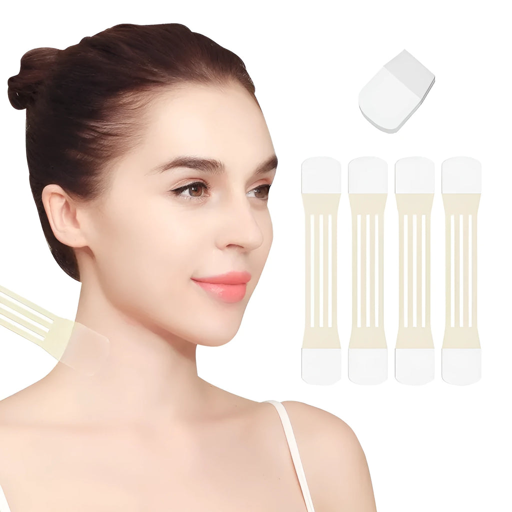 Skin colour neck firming adhesive tape set with four slings and twenty patches.