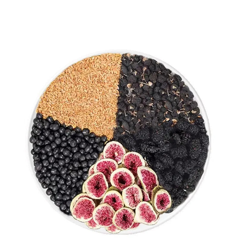 Black wolfberry mulberry tea with flaxseed and fig in tea bag packaging
