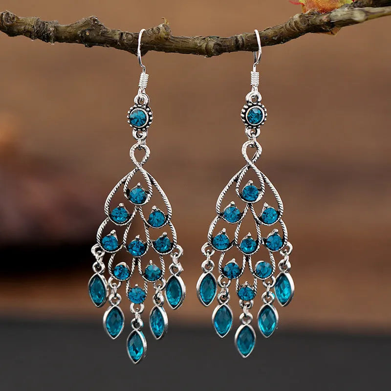 Smart water drop purple retro alloy earrings with long fringe in a drop shape