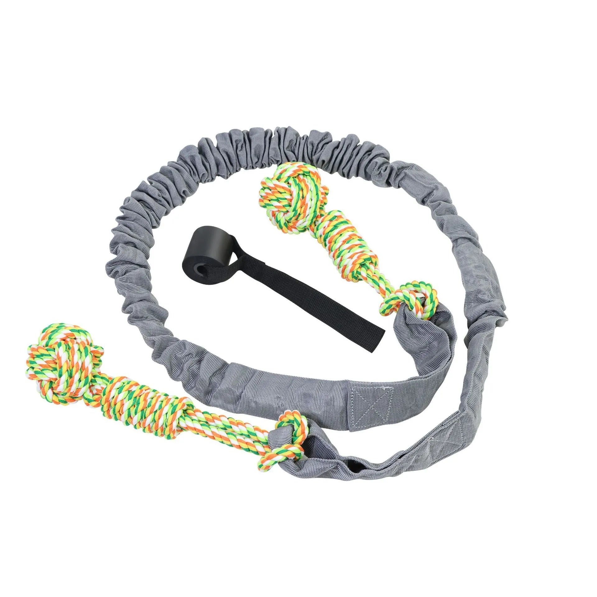 Cotton thread dog tug of war rope toy in black grey and red for teeth cleaning